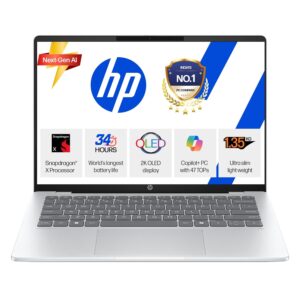 HP Smartchoice OmniBook 5 OLED (Previously Pavilion), Snapdragon X Processor (16GB LPDDR5x, 512GB SSD) 2K, 14''/35.6cm, Win11, M365(1yr)* Office24, Silver, 1.35kg, he0014QU, Next-Gen AI Laptop